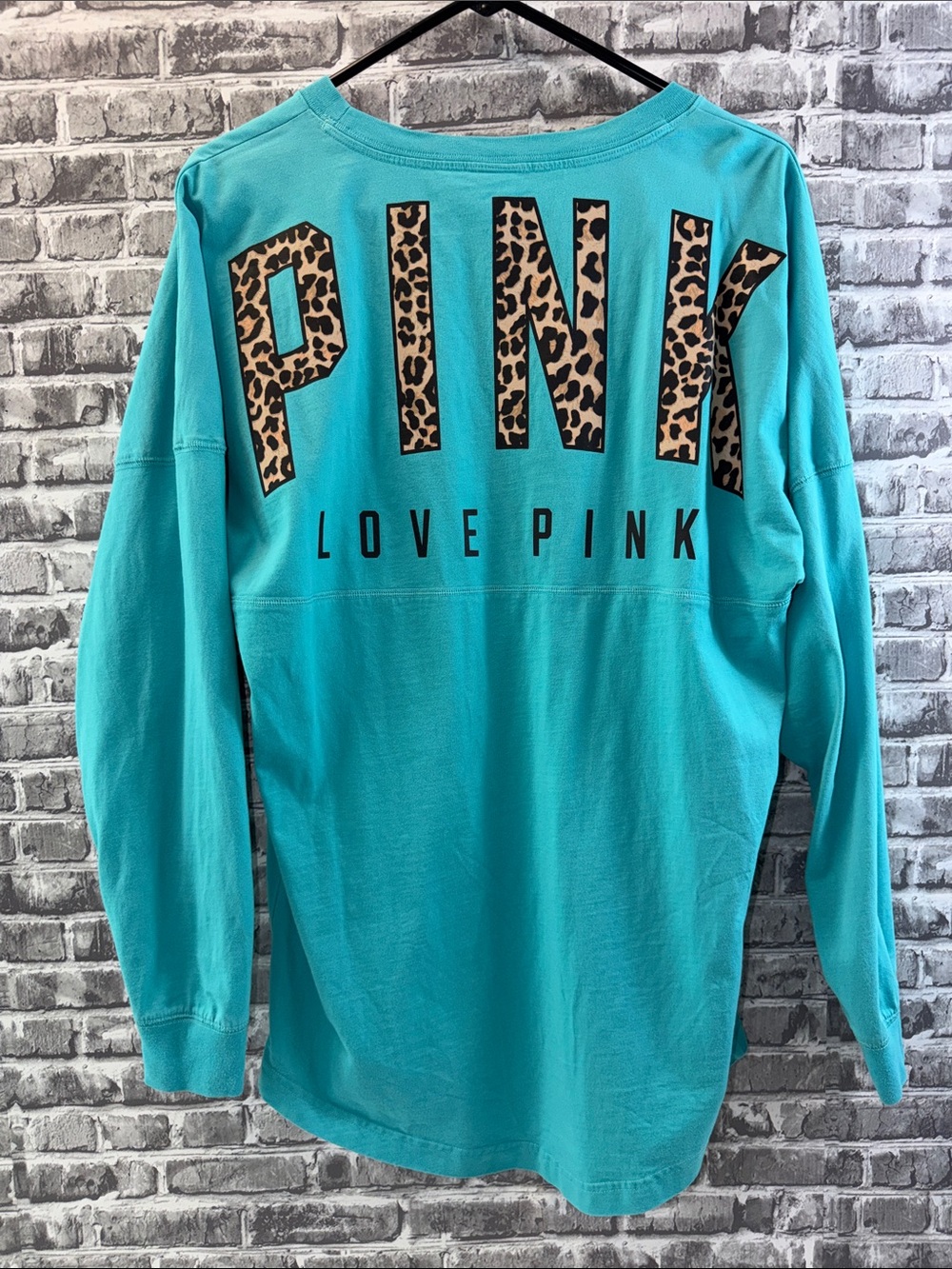 PINK Victoria's Secret Turquoise Long Sleeve Top with Leopard Logo